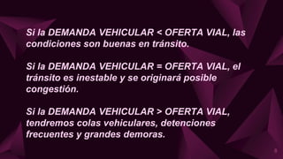 Si la DEMANDA VEHICULAR < OFERTA VIAL, las
condiciones son buenas en tránsito.
Si la DEMANDA VEHICULAR = OFERTA VIAL, el
tránsito es inestable y se originará posible
congestión.
Si la DEMANDA VEHICULAR > OFERTA VIAL,
tendremos colas vehiculares, detenciones
frecuentes y grandes demoras.
8
 