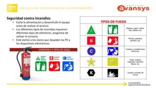 Seguridad contra incendios
• Corte la alimentación y desenchufe el equipo
antes de realizar el servicio.
• Los diferentes tipos de incendios requieren
diferentes tipos de extintores; asegúrese de
utilizar el correcto.
• Esté atento a los olores que despiden las PC y
los dispositivos electrónicos.
 