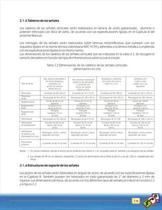 2.1.5 Tableros de las señales 
Los tableros de las señales verticales serán elaborados en lámina de acero galvanizado, aluminio o 
poliester reforzado con fibra de vidrio, de acuerdo con las especificaciones fijadas en el Capítulo 8 del 
presente Manual. 
Los mensajes de las señales serán elaborados sobre láminas retrorreflectivas que cumplan con los 
requisitos fijados en la norma técnica colombiana NTC 4739 y adheridos a la lámina metálica cumpliendo 
con las especificaciones fijadas en la misma norma. 
Las dimensiones de los tableros de las señales verticales son las indicadas en la tabla 2.2. Se escogerá el 
tamaño del tablero en función del tipo de infraestructura sobre la cual se instale. 
Tabla 2.2 Dimensiones de los tableros de las señales verticales 
(dimensiones en cm) 
Cuadrado de 75 x 75 cm Cuadrado de 90 x 90 cm Cuadrado de 120 x 120 cm 
cm Círculo de 90 de 
Informativas 
de identificación 
Notas : 1. En zonas históricas, donde el ancho de los andenes sea menor a 1 m, se puede variar el tamaño y la ubicación de las señales 
. 
2. Las señales de 90 cm se elaboran ampliando 1,5 veces las dimensiones de la señal de 60 cm y las de 120 cm, ampliándola dos 
veces. 
2.1.6 Estructuras de soporte de las señales 
Los postes de las señales serán fabricados en ángulo de acero, de acuerdo con las especificaciones fijadas 
en el Capítulo 8. También pueden ser fabricados en tubo galvanizado de 2” de diámetro y 2 mm de 
espesor. Las dimensiones de éstos, de acuerdo con los diferentes tipos de señales se indican en la tabla 2.3 
y la figura 2.2. 
15 
Preventivas 
Preventiva 
SP-40 
Círculo de 60 cm de 
diámetro 
Octágono con 
altura de 60 cm 
Triángulo 
equilátero 75 cm 
de lado 
Triángulo 
equilátero 90 cm 
de lado 
Triángulo 
equilátero 120 cm 
de lado 
Triángulo 
equilátero 150 cm 
de lado 
Octágono con 
altura de 75 cm 
Octágono con 
altura de 90 cm 
Octágono con 
altura de 120 cm 
Círculo de 75 de 
diámetro 
diámetro 
Círculo de 120 de 
diámetro 
Cuadrado de 60 x 60 cm 
Rectángulo de 90 x 30 cm 
Rectángulo de 50 x 60 cm 
Escudos de 60 cm de 
altura y 60 cm de 
ancho 
Cuadrado de 60 cm de lado 
Escudos de 75 cm de 
altura y 75 cm de 
ancho 
Cuadrado de 75 cm de lado 
Escudos de 90 cm de 
altura y 90 cm de 
ancho 
Cuadrado de 90 cm de lado 
Escudos de 120 cm de 
altura y 120 cm de 
ancho 
Cuadrado de 120 cm de lado 
Rectángulo: ancho y altura 
dependen del texto 
Rectángulo: ancho y altura 
dependen del texto 
Rectángulo: ancho y altura 
dependen del texto 
Rectángulo: ancho y altura 
dependen del texto 
Rectángulo de 120 x 40 cm 
Rectángulo de 60 x 75 cm 
Rectángulo de 150 x 50 cm 
Rectángulo de 72 x 90 
Rectángulo de 180 x 60 cm 
Rectángulo de 100 x 120 cm 
Vías urbanas principales o 
de menor jerarquía y 
carreteras con 
ancho de coronas 
menor de 6 m 
Vías urbanas de jerarquía 
superior a las principales 
y carreteras con 
ancho de corona 
entre 6 y 9 m 
Autopistas y carreteras 
con ancho de corona 
entre 9 y 12 m 
Carreteras con 
cuatro o más 
carriles con o sin 
separador 
Tipo de señal 
Reglamentarias 
Reglamentaria 
SR-01 
Reglamentaria 
SR-02 
Informativas 
Informativas 
de destino y de 
información en ruta 
Informativas 
turísticas 
 