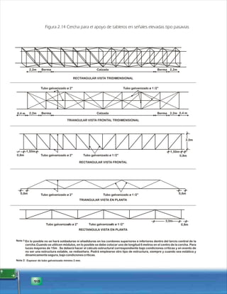 2,2m Berma Calzada Berma 2,2m 
Tubo galvanizado ø 2” Tubo galvanizado ø 1 /2” 
0,4 m 2,2m Berma Calzada Berma 2,2m 0,4 m 
TRIANGULAR VISTA FRONTAL TRIDIMENSIONAL 
1,50m 1,50m 
0,6m Tubo galvanizado ø 2” Tubo galvanizado ø 1 /2” 0,6m 
98 
Figura 2.14 Cercha para el apoyo de tableros en señales elevadas tipo pasavias 
3,0m 
RECTANGULAR VISTA TRIDIMENSIONAL 
Tubo galvanizado ø 2” Tubo galvanizado ø 1 /2” 0,8m 
RECTANGULA VISTA EN PLANTA 
Espesor de tubo galvanizado mínimo 2 mm. 
2,0m 
0,8m Tubo galvanizado ø 2” Tubo galvanizado ø 1 /2” 0,8m 
RECTANGULAR VISTA FRONTAL 
Nota 1: 
Nota 2: 
TRIANGULAR VISTA EN PLANTA 
En lo posible no se hará soldaduras ni añadiduras en los cordones superiores e inferiores dentro del tercio central de la 
cercha.Cuando se utilicen módulos, en lo posible se debe colocar uno de longitud 6 metros en el centro de la cercha. Para 
luces mayores de 15m . Se deberá hacer el cálculo estructural correspondiente bajo condiciones críticas y en evento de 
no ser una estructura estable, se rediseñara. Podrá emplearse otro tipo de estructura, siempre y cuando sea estática y 
dinamicamente segura, bajo condiciones críticas. 
 
