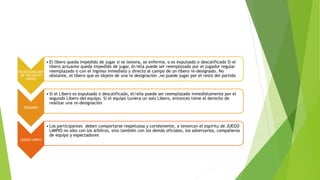 RE-DESIGNACION
DE UN NUEVO
LIBERO
• El libero queda impedido de jugar si se lesiona, se enferma, o es expulsado o descalificado Si el
libero actuante queda impedido de jugar, él/ella puede ser reemplazado por el jugador regular
reemplazado o con el ingreso inmediato y directo al campo de un libero re-designado. No
obstante, el libero que es objeto de una re designación ,no puede jugar por el resto del partido
RESUMEN
• Si el Libero es expulsado o descalificado, el/ella puede ser reemplazado inmediatamente por el
segundo Libero del equipo. Si el equipo tuviera un solo Libero, entonces tiene el derecho de
realizar una re-designación
JUEGO LIMPIO
• Los participantes deben comportarse respetuosa y cortésmente, a tenorcon el espíritu de JUEGO
LIMPIO no sólo con los árbitros, sino también con los demás oficiales, los adversarios, compañeros
de equipo y espectadores
 