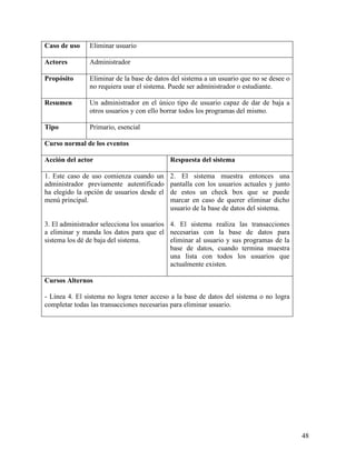 Caso de uso    Eliminar usuario

Actores        Administrador

Propósito      Eliminar de la base de datos del sistema a un usuario que no se desee o
               no requiera usar el sistema. Puede ser administrador o estudiante.

Resumen        Un administrador en el único tipo de usuario capaz de dar de baja a
               otros usuarios y con ello borrar todos los programas del mismo.

Tipo           Primario, esencial

Curso normal de los eventos

Acción del actor                            Respuesta del sistema

1. Este caso de uso comienza cuando un      2. El sistema muestra entonces una
administrador previamente autentificado     pantalla con los usuarios actuales y junto
ha elegido la opción de usuarios desde el   de estos un check box que se puede
menú principal.                             marcar en caso de querer eliminar dicho
                                            usuario de la base de datos del sistema.

3. El administrador selecciona los usuarios 4. El sistema realiza las transacciones
a eliminar y manda los datos para que el necesarias con la base de datos para
sistema los dé de baja del sistema.         eliminar al usuario y sus programas de la
                                            base de datos, cuando termina muestra
                                            una lista con todos los usuarios que
                                            actualmente existen.

Cursos Alternos

- Línea 4. El sistema no logra tener acceso a la base de datos del sistema o no logra
completar todas las transacciones necesarias para eliminar usuario.




                                                                                         48
 