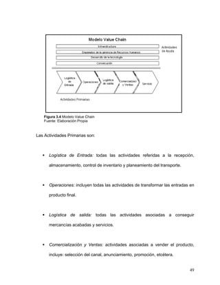 Figura 3.4 Modelo Value Chain
    Fuente: Elaboración Propia



Las Actividades Primarias son:



      Logística de Entrada: todas las actividades referidas a la recepción,

      almacenamiento, control de inventario y planeamiento del transporte.



      Operaciones: incluyen todas las actividades de transformar las entradas en

      producto final.



      Logística de salida: todas las actividades asociadas a conseguir

      mercancías acabadas y servicios.



      Comercialización y Ventas: actividades asociadas a vender el producto,

      incluye: selección del canal, anunciamiento, promoción, etcétera.


                                                                             49
 