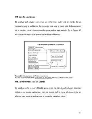 III.5 Estudio económico

El objetivo del estudio económico es determinar cuál será el monto de los

necesario para la realización del proyecto, cuál será el costo total de la operación

de la planta y otros indicadores útiles para realizar este estudio. En la Figura 3.7

se mostrará la estructura general del análisis económico




Figura 3.7 Estructuración del Análisis Económico
Fuente: Baca Urbina Gabriel, Evaluación de Proyectos, México Ed. McGraw-Hill, 2001

III.5.1 Determinación de los Costos


La palabra costo es muy utilizada, pero no se ha logrado definirla con exactitud

debido a su amplia aplicación, pero se puede definir como el desembolso en

efectivo o en especie realizado en el presente, pasado o futuro.




                                                                                     57
 