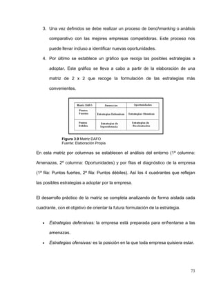 3. Una vez definidos se debe realizar un proceso de benchmarking o análisis

       comparativo con las mejores empresas competidoras. Este proceso nos

       puede llevar incluso a identificar nuevas oportunidades.

   4. Por último se establece un gráfico que recoja las posibles estrategias a

       adoptar. Este gráfico se lleva a cabo a partir de la elaboración de una

       matriz de 2 x 2 que recoge la formulación de las estrategias más

       convenientes.




             Figura 3.9 Matriz DAFO
             Fuente: Elaboración Propia

En esta matriz por columnas se establecen el análisis del entorno (1ª columna:

Amenazas, 2ª columna: Oportunidades) y por filas el diagnóstico de la empresa

(1ª fila: Puntos fuertes, 2ª fila: Puntos débiles). Así los 4 cuadrantes que reflejan

las posibles estrategias a adoptar por la empresa.


El desarrollo práctico de la matriz se completa analizando de forma aislada cada

cuadrante, con el objetivo de orientar la futura formulación de la estrategia.


   •   Estrategias defensivas: la empresa está preparada para enfrentarse a las

       amenazas.

   •   Estrategias ofensivas: es la posición en la que toda empresa quisiera estar.




                                                                                  73
 