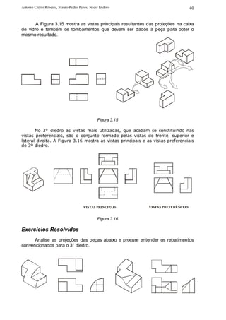 Antonio Clélio Ribeiro, Mauro Pedro Peres, Nacir Izidoro                            40


       A Figura 3.15 mostra as vistas principais resultantes das projeções na caixa
de vidro e também os tombamentos que devem ser dados à peça para obter o
mesmo resultado.




                                                Figura 3.15

       No 3° diedro as vistas mais utilizadas, que acabam se constituindo nas
vistas preferenciais, são o conjunto formado pelas vistas de frente, superior e
lateral direita. A Figura 3.16 mostra as vistas principais e as vistas preferenciais
do 3º diedro.




                                       VISTAS PRINCIPAIS      VISTAS PREFERÊNCIAS


                                                Figura 3.16

Exercícios Resolvidos
      Analise as projeções das peças abaixo e procure entender os rebatimentos
convencionados para o 3° diedro.
 