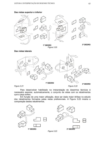 LEITURA E INTERPRETAÇÃO DE DESENHO TÉCNICO                                 43



Das vistas superior e inferior




                                 1º DIEDRO                           3º DIEDRO
                                      Figura 3.20

Das vistas laterais




                                   1º DIEDRO
                                                                     3º DIEDRO
Figura 3.21                                            Figura 3.22

      Para desenvolver habilidade na interpretação de desenhos técnicos é
necessário associar, automaticamente, o conjunto de vistas com os rebatimentos
que a peça sofreu.
      Em função de uma maior utilização, deve ser dada maior ênfase no estudo
dos rebatimentos formados pelas vistas preferenciais. A Figura 3.23 mostra a
comparação destes rebatimentos.




              1º DIEDRO                              3º DIEDRO
                                      Figura 3.23
 