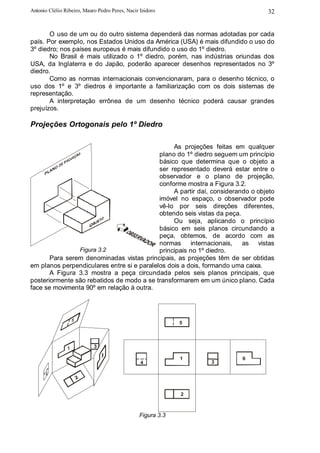 Antonio Clélio Ribeiro, Mauro Pedro Peres, Nacir Izidoro                         32


       O uso de um ou do outro sistema dependerá das normas adotadas por cada
país. Por exemplo, nos Estados Unidos da América (USA) é mais difundido o uso do
3º diedro; nos países europeus é mais difundido o uso do 1º diedro.
       No Brasil é mais utilizado o 1º diedro, porém, nas indústrias oriundas dos
USA, da Inglaterra e do Japão, poderão aparecer desenhos representados no 3º
diedro.
       Como as normas internacionais convencionaram, para o desenho técnico, o
uso dos 1º e 3º diedros é importante a familiarização com os dois sistemas de
representação.
       A interpretação errônea de um desenho técnico poderá causar grandes
prejuízos.

Projeções Ortogonais pelo 1º Diedro

                                                 As projeções feitas em qualquer
                                            plano do 1º diedro seguem um princípio
                                            básico que determina que o objeto a
                                            ser representado deverá estar entre o
                                            observador e o plano de projeção,
                                            conforme mostra a Figura 3.2.
                                                 A partir daí, considerando o objeto
                                            imóvel no espaço, o observador pode
                                            vê-lo por seis direções diferentes,
                                            obtendo seis vistas da peça.
                                                 Ou seja, aplicando o princípio
                                            básico em seis planos circundando a
                                            peça, obtemos, de acordo com as
                                            normas      internacionais,  as vistas
                Figura 3.2                  principais no 1º diedro.
       Para serem denominadas vistas principais, as projeções têm de ser obtidas
em planos perpendiculares entre si e paralelos dois a dois, formando uma caixa.
       A Figura 3.3 mostra a peça circundada pelos seis planos principais, que
posteriormente são rebatidos de modo a se transformarem em um único plano. Cada
face se movimenta 90º em relação à outra.




                                                             5



                            3

                                                             1           6
                                                 4               3




                                                             2



                                                Figura 3.3
 