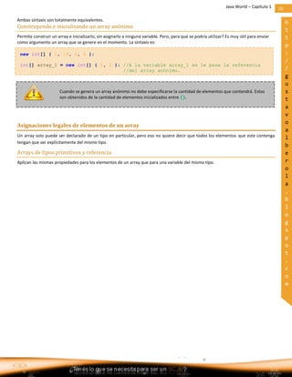 Java  World     Capítulo  1     10  
  




Ambas  sintaxis  son  totalmente  equivalentes.  
                                                                                                                                                                          h
Construyendo  e  inicializando  un  array  anónimo  
                                                                                                                                                                          t
Permite  construir  un  array  e  inicializarlo,  sin  asignarlo  a  ninguna  variable.  Pero,  para  que  se  podría  utilizar?  Es  muy  útil  para  enviar             t
como  argumento  un  array  que  se  genere  en  el  momento.  La  sintaxis  es:  
                                                                                                                                                                          p
     new  int[]  {  1,  14,  2,  4  };;                                                                                                                                   :
                                                                                                                                                                          /
     int[]  array_1  =  new  int[]  {  1,  3  };;  //A  la  variable  array_1  se  le  pasa  la  referencia    
                                                                             //del  array  anónimo.                                                                       /
                                                                                                                                                                          g
                                                                                                                                                                          u
                          Cuando  se  genera  un  array  anónimo  no  debe  especificarse  la  cantidad  de  elementos  que  contendrá.  Estos                            s
                          son  obtenidos  de  la  cantidad  de  elementos  inicializados  entre  {}.                                                                      t
                            
                                                                                                                                                                          a
                                                                                                                                                                          v
                                                                                                                                                                          o
Asignaciones  legales  de  elementos  de  un  array  
                                                                                                                                                                          a
Un  array  solo  puede  ser  declarado  de  un  tipo  en  particular,  pero  eso  no  quiere  decir  que  todos  los  elementos   que  este  contenga                     l
tengan  que  ser  explícitamente  del  mismo  tipo.  
                                                                                                                                                                          b
Arrays  de  tipos  primitivos  y  referencia                                                                                                                              e
Aplican  las  mismas  propiedades  para  los  elementos  de  un  array  que  para  una  variable  del  mismo  tipo.                                                       r
                                                                                                                                                                          o
                                                                                                                                                                          l
                                                                                                                                                                          a
                                                                                                                                                                          .
                                                                                                                                                                          b
                                                                                                                                                                          l
                                                                                                                                                                          o
                                                                                                                                                                          g
                                                                                                                                                                          s
                                                                                                                                                                          p
                                                                                                                                                                          o
                                                                                                                                                                          t
                                                                                                                                                                          .
                                                                                                                                                                          c
                                                                                                                                                                          o
                                                                                                                                                                          m  




  
 