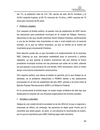 del 1%, la población total de 413 136, siendo de esto 46.4% hombres y el
53.6% restante mujeres, el 26.1% menores de 15 años, y 66% mayores de 15
años pero menores de 64 años.

 Políticos y legales:

Con respecto al ámbito político, el pasado mes de septiembre de 2007 fueron
las elecciones para presidente municipal en la ciudad de Xalapa, Veracruz,
elecciones en las que resultó victorioso David Velasco Chedraui, perteneciente
a una de las familias más importantes no sólo a nivel estatal sino al nacional
también, en lo que se refiere empresas, ya que su familia es la dueña del
importante grupo empresarial Chedraui.

Ésta elección puede dar un giro favorable a la implementación de la empresa
ABC Catering ya que, demuestra estabilidad para la economía y política
xalapeña, ya que gracias al poderío económico del que disfruta el futuro
presidente municipal muchas son las personas que están de su lado, además
de que gracias a que proviene de una familia 100% empresaria, dará un fuerte
apoyo a los futuros empresarios veracruzanos.

Otro aspecto político, que afecta al estado en general, por lo que Xalapa se ve
afectada, es el problema relacionado a PEMEX debido a las explosiones
provocadas en el mes de septiembre del año 2007, gracias a la lucha entre el
Ejército Popular Revolucionario (ERP) y el Gobierno Federal.

En lo concerniente al ámbito legal, no existe ningún problema de este tipo que
obstaculice la creación de una empresa organizadora de eventos sociales.

 Sociales y culturales:

Xalapa es una ciudad donde la sociedad no es tan difícil en lo que a negocios o
empresas se refiere, sin embargo, las personas se dejan guiar mucho por el
renombre que éstos gozan, es decir, si una persona lo recomienda es bueno,
por lo que es importante para ABC Catering logre este renombre.


                                                                            90
 