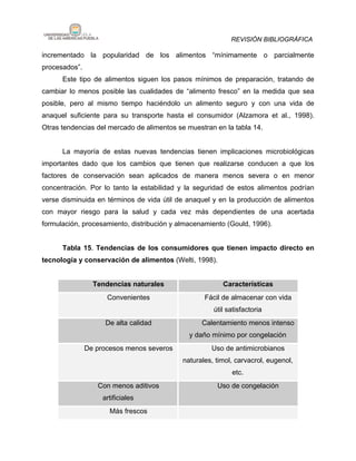 REVISIÓN BIBLIOGRÁFICA

incrementado la popularidad de los alimentos “mínimamente o parcialmente
procesados”.
      Este tipo de alimentos siguen los pasos mínimos de preparación, tratando de
cambiar lo menos posible las cualidades de “alimento fresco” en la medida que sea
posible, pero al mismo tiempo haciéndolo un alimento seguro y con una vida de
anaquel suficiente para su transporte hasta el consumidor (Alzamora et al., 1998).
Otras tendencias del mercado de alimentos se muestran en la tabla 14.


      La mayoría de estas nuevas tendencias tienen implicaciones microbiológicas
importantes dado que los cambios que tienen que realizarse conducen a que los
factores de conservación sean aplicados de manera menos severa o en menor
concentración. Por lo tanto la estabilidad y la seguridad de estos alimentos podrían
verse disminuida en términos de vida útil de anaquel y en la producción de alimentos
con mayor riesgo para la salud y cada vez más dependientes de una acertada
formulación, procesamiento, distribución y almacenamiento (Gould, 1996).


      Tabla 15. Tendencias de los consumidores que tienen impacto directo en
tecnología y conservación de alimentos (Welti, 1998).


                 Tendencias naturales                    Características
                     Convenientes                  Fácil de almacenar con vida
                                                      útil satisfactoria
                     De alta calidad              Calentamiento menos intenso
                                              y daño mínimo por congelación
               De procesos menos severos             Uso de antimicrobianos
                                            naturales, timol, carvacrol, eugenol,
                                                            etc.
                  Con menos aditivos                   Uso de congelación
                    artificiales
                      Más frescos
 