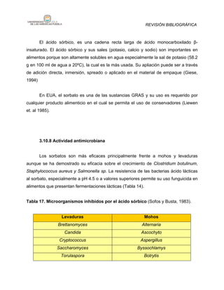 REVISIÓN BIBLIOGRÁFICA



        El ácido sórbico, es una cadena recta larga de ácido monocarboxilado β-
insaturado. El ácido sórbico y sus sales (potasio, calcio y sodio) son importantes en
alimentos porque son altamente solubles en agua especialmente la sal de potasio (58.2
g en 100 ml de agua a 20ºC), la cual es la más usada. Su apliación puede ser a través
de adición directa, inmersión, spreado o aplicado en el material de empaque (Giese,
1994)


        En EUA, el sorbato es una de las sustancias GRAS y su uso es requerido por
cualquier producto alimenticio en el cual se permita el uso de conservadores (Liewen
et. al 1985).




        3.10.8 Actividad antimicrobiana


        Los sorbatos son más eficaces principalmente frente a mohos y levaduras
aunque se ha demostrado su eficacia sobre el crecimiento de Clostridium botulinum,
Staphylococcus aureus y Salmonella sp. La resistencia de las bacterias ácido lácticas
al sorbato, especialmente a pH 4.5 o a valores superiores permite su uso funguicida en
alimentos que presentan fermentaciones lácticas (Tabla 14).


Tabla 17. Microorganismos inhibidos por el ácido sórbico (Sofos y Busta, 1983).


                  Levaduras                                   Mohos
                Brettanomyces                             Alternaria
                   Candida                               Ascochyto
                 Cryptococcus                            Aspergillus
                Saccharomyces                          Byssochlamys
                  Torulaspora                                 Botrytis
 