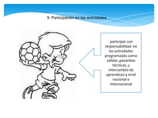 9. Participación en las actividades
participar con
responsabilidad en
las actividades
programadas como
salidas ,pasantías
técnicas, y
intercambio de
aprendices a nivel
nacional e
internacional
 