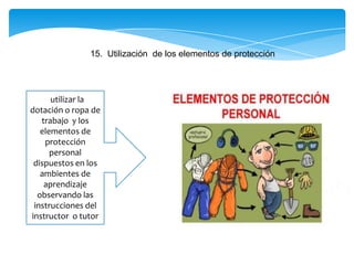15. Utilización de los elementos de protección
utilizar la
dotación o ropa de
trabajo y los
elementos de
protección
personal
dispuestos en los
ambientes de
aprendizaje
observando las
instrucciones del
instructor o tutor
 