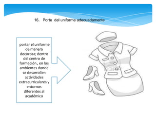 16. Porte del uniforme adecuadamente
portar el uniforme
de manera
decorosa; dentro
del centro de
formación , en los
ambientes donde
se desarrollen
actividades
extracurriculares y
entornos
diferentes al
académico
 