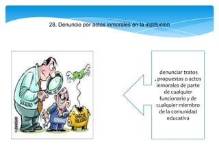 28. Denuncio por actos inmorales en la institucion
denunciar tratos
, propuestas o actos
inmorales de parte
de cualquier
funcionario y de
cualquier miembro
de la comunidad
educativa
 