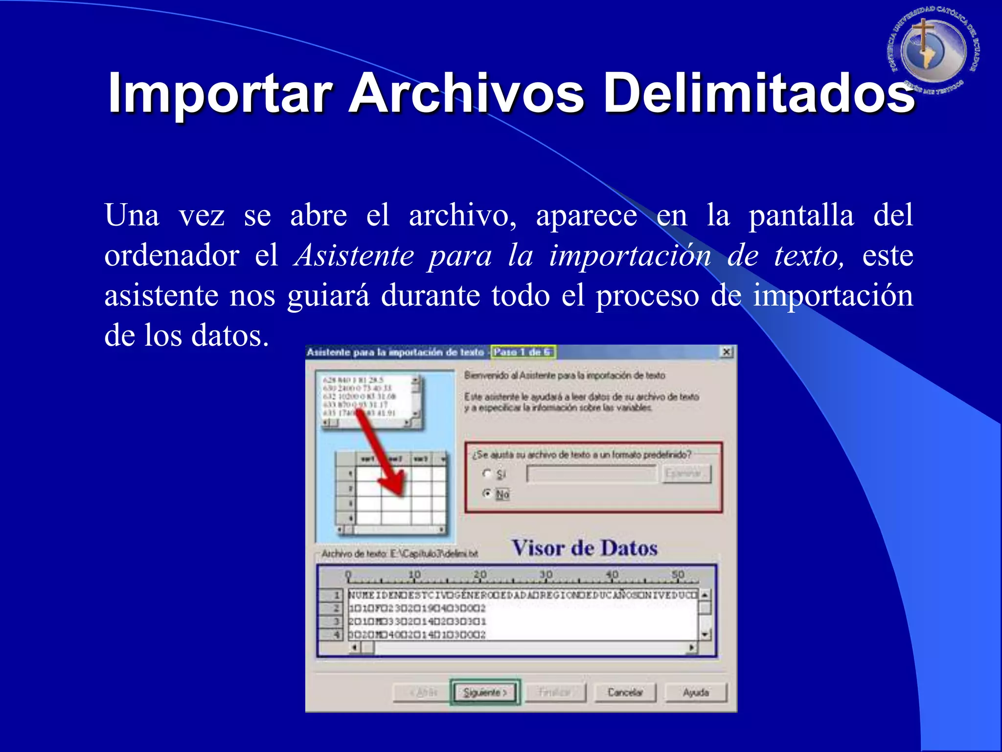 Importar Archivos Delimitados
Una vez se abre el archivo, aparece en la pantalla del
ordenador el Asistente para la importación de texto, este
asistente nos guiará durante todo el proceso de importación
de los datos.

 