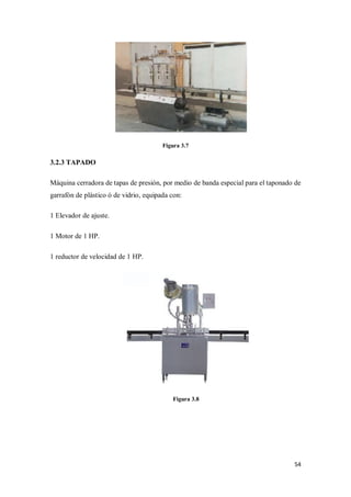 Figura 3.7

3.2.3 TAPADO
Máquina cerradora de tapas de presión, por medio de banda especial para el taponado de
garrafón de plástico ó de vidrio, equipada con:
1 Elevador de ajuste.
1 Motor de 1 HP.
1 reductor de velocidad de 1 HP.

Figura 3.8

54

 