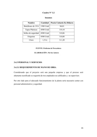 Cuadro N° 3.2
Insumos
Nombre

Cantidad

Precio Unitario En Dólares

Botellones de 19 lt

1500 Unid

$4,01

Tapas Plásticas

4500 Unid

$ 0,10

Sellos de seguridad 4500 Unid

$ 0,06

Etiquetas

4500 Unid

$ 0,08

Cloro

1,5 Lt

$ 1,20

FUENTE: Proforma de Proveedores
ELABORACIÓN : Por los Autores

3.4.3 PERSONAL Y SERVICIOS
3.4.3.1 REQUERIMIENTO DE MANO DE OBRA
Considerando que el proyecto será una pequeña empresa y que el proceso será
altamente tecnificado se requerirá de tres empleados no calificados y un supervisor.
Por otro lado para el adecuado funcionamiento de la planta sería necesario contar con
personal administrativo y seguridad.

65

 