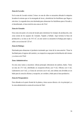 Zona de Lavado:
En la zona de Lavado existen 2 áreas: en una de ellas se encuentra ubicada la máquina
lavadora la misma que es la encargada de lavar y desinfectar los botellones que llegan a
esta área. La segunda área esta destinada para almacenar los botellones para el lavado y
el desinfectado, el área total de esta zona es de 21m².
Zona de Llenado:
Esta zona esta junto a la zona de lavado para minimizar los tiempos de producción, esta
zona consta de los equipos de: Llenado, Tapado y Sellado. Aquí termina la línea de
producción y su área es de 19.5 m2, en este sector se encuentra la bodega para tapas y
sellos con un área de 5.25 m².
Zona de Bodega:
Destinada para almacenar el producto terminado que viene de la zona anterior. Tiene la
facilidad para el ingreso del camión y su respectiva carga para la distribución del mismo
y su área es de 55m2
Zona Administrativa:
En esta zona vamos a encontrar: oficina principal, laboratorio de análisis, baños. Tiene
un área de 27.5 m2, distribuida en recepción-oficina con 9 m2, Oficina con 6 m2,
Laboratorio con 4 m2, y el área de servicios con 6 m2, esta ultima esta dividida en un
baño para la zona de oficinas y recepción, un vestidor y baño para el área productiva.
Zona de Parqueadero:
Esta ubicada en la parte frontal de la planta y tiene acceso directo a la vía principal y a
la zona administrativa consta de un área de 54m².

74

 