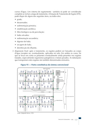 cursos d’água. Um sistema de esgotamento sanitário só pode ser considerado 
completo se incluir a etapa de tratamento. A Estação de Tratamento de Esgoto (ETE), 
pode dispor de alguns dos seguintes itens, ou todos eles: 
• grade; 
• desarenador; 
• sedimentação primária; 
• estabilização aeróbica; 
• filtro biológico ou de percolação; 
• lodos ativados; 
• sedimentação secundária; 
• digestor de lodo; 
• secagem de lodo; 
• desinfecção do efluente. 
i) disposição final: após o tratamento, os esgotos podem ser lançados ao corpo 
d’água receptor ou, eventualmente, aplicados no solo. Em ambos os casos, há 
que se levar em conta os poluentes eventualmente ainda presentes nos esgotos 
tratados, especialmente organismos patogênicos e metais pesados. As tubulações 
que transportam estes esgotos são também denominadas emissário. 
Figura 95 – Partes constitutivas do sistema convencional 
Manual de Saneamento – pag. 187 
Fonte: Adaptado Barros, 1995. 
 