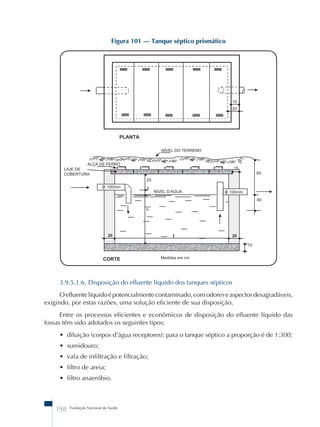 Figura 101 – Tanque séptico prismático 
3.9.5.1.6. Disposição do efluente líquido dos tanques sépticos 
O efluente líquido é potencialmente contaminado, com odores e aspectos desagradáveis, 
exigindo, por estas razões, uma solução eficiente de sua disposição. 
Entre os processos eficientes e econômicos de disposição do efluente líquido das 
fossas têm sido adotados os seguintes tipos: 
• diluição (corpos d’água receptores): para o tanque séptico a proporção é de 1:300; 
• sumidouro; 
• vala de infiltração e filtração; 
• filtro de areia; 
• filtro anaeróbio. 
198 Fundação Nacional de Saúde 
 