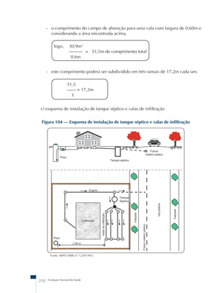 - o comprimento do campo de absorção para uma vala com largura de 0,60m e 
considerando a área encontrada acima, 
logo, 30,9m2 
––– = 51,5m de comprimento total 
0,6m 
- este comprimento poderá ser subdividido em três ramais de 17,2m cada um. 
51,5 
–– = 17,2m 
3 
c) esquema de instalação de tanque séptico e valas de infiltração 
Figura 104 – Esquema de instalação de tanque séptico e valas de infiltração 
Fonte: ABNT-NBR nº 7.229/1993. 
208 Fundação Nacional de Saúde 
 