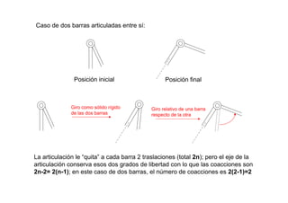 Caso de dos barras articuladas entre sí:
Posición inicial Posición final
Giro como sólido rígido
de las dos barras
Giro relativo de una barra
respecto de la otra
La articulación le “quita” a cada barra 2 traslaciones (total 2n); pero el eje de la
articulación conserva esos dos grados de libertad con lo que las coacciones son
2n-2= 2(n-1); en este caso de dos barras, el número de coacciones es 2(2-1)=2
 