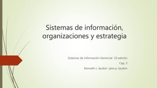 Sistemas de información,
organizaciones y estrategia
Sistemas de información Gerencial 10 edición
Cap. 3
Kenneth c. laudon jane p. laudon
 