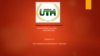 Sistemas de Información Gerencial
Osman Roney Cruz Diaz
201910010903
Capitulo # 3
Libro Sistemas de Informacion Gerencial
 