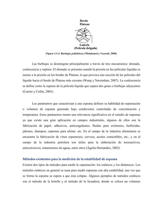 Figura 3.5.4. Burbujas poliédricas (Thitakamol y Veawab, 2008).
Las burbujas se desintegran principalmente a través de tres mecanismos: drenado,
coalescencia y ruptura. El drenado se presenta cuando la presión en las películas líquidas es
menor a la presión en los bordes de Plateau, lo que provoca una succión de las películas del
líquido hacia el borde de Plateau más cercano (Wang y Narsimhan, 2007). La coalescencia
se define como la ruptura de la película líquida que separa dos gotas o burbujas adyacentes
(Carrier y Collin, 2003).
Los parámetros que caracterizan a una espuma definen su habilidad de espumación
o volumen de espuma generado bajo condiciones controladas de concentración y
temperatura. Estos parámetros tienen una relevancia significativa en el estudio de espumas
ya que existe una gran aplicación en campos industriales, algunos de ellos son la
fabricación de papel, adhesivos, anticongelantes, fluidos para extintores, herbicidas,
jabones, shampoo, espumas para afeitar, etc. En el campo de la industria alimentaria se
encuentra la fabricación de vinos espumosos, cerveza, aceites comestibles, etc., y en el
campo de la industria petrolera son útiles para la elaboración de tensoactivos,
anticorrosivos, tratamientos de aguas, entre otros (Águila-Hernández, 2002).
Métodos existentes para la medición de la estabilidad de espuma
Existen dos tipos de métodos para medir la espumación: los estáticos y los dinámicos. Los
métodos estáticos en general se usan para medir espumas con alta estabilidad, una vez que
se forma la espuma se espera a que ésta colapse. Algunos ejemplos de métodos estáticos
son el método de la botella y el método de la licuadora, donde se coloca un volumen
 
