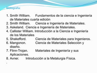 Bibliografía:

1. Smith William.      Fundamentos de la ciencia e Ingeniería
   de Materiales cuarta edición
2. Smith William.      Ciencia e Ingeniería de Materiales.
3. Askeland. Ciencia e Ingeniería de Materiales.
4. Callister William. Introducción a la Ciencia e Ingeniería
   de los Materiales
5. Shakefford.         Ciencia de Materiales para Ingenieros.
6. Mangonon.           Ciencia de Materiales Selección y
   diseño.
7. Flinn-Trojan.       Materiales de Ingeniería y sus
   Aplicaciones.
8. Avner.     Introducción a la Metalurgia Física.
.
 
