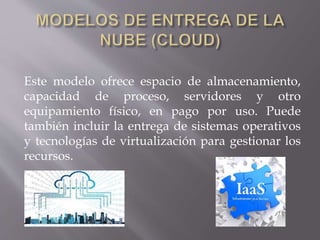 Este modelo ofrece espacio de almacenamiento,
capacidad de proceso, servidores y otro
equipamiento físico, en pago por uso. Puede
también incluir la entrega de sistemas operativos
y tecnologías de virtualización para gestionar los
recursos.
 