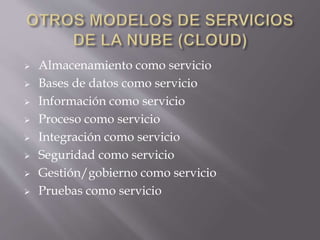  Almacenamiento como servicio
 Bases de datos como servicio
 Información como servicio
 Proceso como servicio
 Integración como servicio
 Seguridad como servicio
 Gestión/gobierno como servicio
 Pruebas como servicio
 