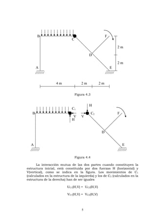 B                                                 F
                              C

                                                                 2m

                                           D

                                                                 2m
       A                                                     E



                   4m                 2m            2m


                                  Figura 4.3


                                           H
                              C1
   B                                           C2                F
                               V      V
                              H


                                                     D


  A                                                                  E


                                  Figura 4.4

      La interacción mutua de las dos partes cuando constituyen la
estructura inicial, está constituida por dos fuerzas H (horizontal) y
V(vertical), como se indica en la figura. Los movimientos de C1
(calculados en la estructura de la izquierda) y los de C2 (calculados en la
estructura de la derecha) han de ser iguales

                           UC1(H,V) = UC2(H,V)

                           VC1(H,V) = VC2(H,V)



                                      5
 