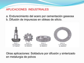 APLICACIONES INDUSTRIALES
a. Endurecimiento del acero por cementación gaseosa
b. Difusión de impurezas en obleas de silicio.
cc.
Otras aplicaciones: Soldadura por difusión y sinterizado
en metalurgia de polvos
 