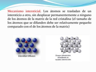 Mecanismo intersticial. Los átomos se trasladan de un
intersticio a otro, sin desplazar permanentemente a ninguno
de los átomos de la matriz de la red cristalina (el tamaño de
los átomos que se difunden debe ser relativamente pequeño
comparado con el de los átomos de la matriz)
 