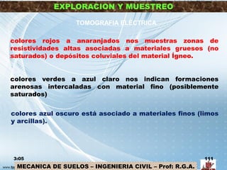 MECANICA DE SUELOS – INGENIERIA CIVIL – Prof: R.G.A.
EXPLORACION Y MUESTREO
3:05 111
TOMOGRAFIA ELÉCTRICA
colores rojos a anaranjados nos muestras zonas de
resistividades altas asociadas a materiales gruesos (no
saturados) o depósitos coluviales del material Ígneo.
colores verdes a azul claro nos indican formaciones
arenosas intercaladas con material fino (posiblemente
saturados)
colores azul oscuro está asociado a materiales finos (limos
y arcillas).
 