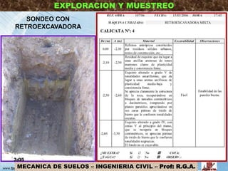 MECANICA DE SUELOS – INGENIERIA CIVIL – Prof: R.G.A.
EXPLORACION Y MUESTREO
SONDEO CON
RETROEXCAVADORA
3:05 12
• Permite identificar las
características del suelo In Situ.
• Permite conocer el perfil
estratigráfico.
• Permite la toma de muestras
alteradas e inalteradas.
• No se pueden realizar a
profundidades mayores a 4
metros. Ello debido a
impedimentos del equipo y al
peligro de estabilidad de los
lados de la excavación.
 