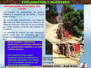 MECANICA DE SUELOS – INGENIERIA CIVIL – Prof: R.G.A.
EXPLORACION Y MUESTREO
PERFORACIONES ROTATORIAS CON
LAVADO
• La rotación va acompañada de presión
hidráulica o mecánica de las barras y brocas
contra el fondo.
• El uso de este procedimiento con fines de
ingeniería civil hace necesaria la obtención de
muestras continuas. Para ello el uso de brocas
que cortan núcleos cilíndricos del material por
muestrear.
• La velocidad de avance con este método es
mucho mayor que con cualquiera otro. Se
obtiene rendimientos de alrededor de 3.0 m por
hora.
3:14 15
Sistemas de lodo polimérico
POLY‐PLUS
(1.4–5 kg/m3)
Fuente: Gallardo, R. 2013
 