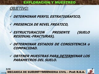 MECANICA DE SUELOS – INGENIERIA CIVIL – Prof: R.G.A.
EXPLORACION Y MUESTREO
OBJETIVO:
 DETERMINAR PERFIL ESTRATIGRAFICO,
 PRESENCIA DE NIVEL FREATICO,
 ESTRUCTURACION PRESENTE (SUELO
RESIDUAL-FRACTURAS),
 DETERMINAR ESTADOS DE CONSISTENCIA o
COMPACIDAD.
 OBTENER MUESTRAS PARA DETERMINAR LOS
PARÁMETROS DEL SUELO.
3:10 3
Fuente: Gallardo, R. 2014
Fuente: Gallardo, R. 2014
 