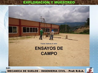 MECANICA DE SUELOS – INGENIERIA CIVIL – Prof: R.G.A.
EXPLORACION Y MUESTREO
ENSAYOS DE
CAMPO
3:21 49
Fuente: Gallardo, R. 2014
 