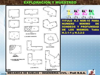 MECANICA DE SUELOS – INGENIERIA CIVIL – Prof: R.G.A.
EXPLORACION Y MUESTREO
3:05 5
TITULO H.3 NSR-10 PARA
NUMERO MINIMO DE
SONDEOS Y PROFUNIDAD
DE LOS MISMOS: Tabla
H.3.1-1 y H.3.2-2
 