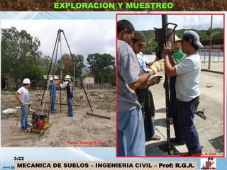 MECANICA DE SUELOS – INGENIERIA CIVIL – Prof: R.G.A.
EXPLORACION Y MUESTREO
3:22 56
Fuente: Gallardo, R. 2009
Fuente: Gallardo, R. 2014
 
