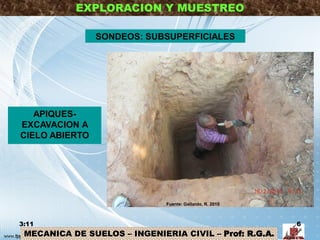 MECANICA DE SUELOS – INGENIERIA CIVIL – Prof: R.G.A.
EXPLORACION Y MUESTREO
SONDEOS: SUBSUPERFICIALES
APIQUES-
EXCAVACION A
CIELO ABIERTO
3:11 6
Fuente: Gallardo, R. 2010
 