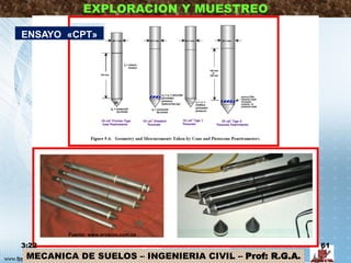 MECANICA DE SUELOS – INGENIERIA CIVIL – Prof: R.G.A.
EXPLORACION Y MUESTREO
3:22 61
ENSAYO «CPT»
Fuente: www.erosion.com.co
 
