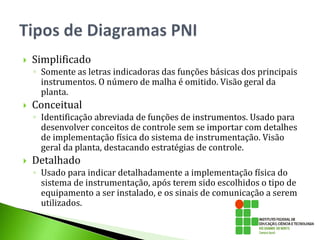  Simplificado
◦ Somente as letras indicadoras das funções básicas dos principais
instrumentos. O número de malha é omitido. Visão geral da
planta.
 Conceitual
◦ Identificação abreviada de funções de instrumentos. Usado para
desenvolver conceitos de controle sem se importar com detalhes
de implementação física do sistema de instrumentação. Visão
geral da planta, destacando estratégias de controle.
 Detalhado
◦ Usado para indicar detalhadamente a implementação física do
sistema de instrumentação, após terem sido escolhidos o tipo de
equipamento a ser instalado, e os sinais de comunicação a serem
utilizados.
 