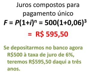 Juros compostos para
pagamento único
F = P(1+i)n = 500(1+0,06)3
= R$ 595,50
Se depositarmos no banco agora
R$500 à taxa de juro de 6%,
teremos R$595,50 daqui a três
anos.
 