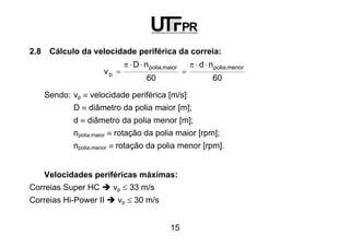 15
2.8 Cálculo da velocidade periférica da correia:
60
nd
60
nD
v
menor.poliamaior.polia
p
⋅⋅π
=
⋅⋅π
=
Sendo: vp ≡ velocidade periférica [m/s]
D ≡ diâmetro da polia maior [m];
d ≡ diâmetro da polia menor [m];
npolia.maior ≡ rotação da polia maior [rpm];
npolia.menor ≡ rotação da polia menor [rpm].
Velocidades periféricas máximas:
Correias Super HC vp ≤ 33 m/s
Correias Hi-Power II vp ≤ 30 m/s
 