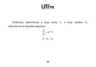 20
Finalmente, determina-se a força motriz, F1, e força resistiva, F2,
utilizando-se as equações seguintes:
rad
e
F
F
2
1 α⋅µ
=
T21 FFF =−
 